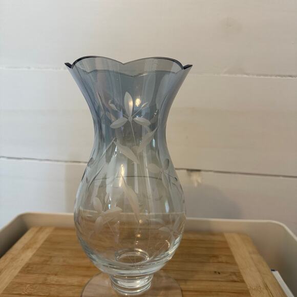 LENOX~ Floral Spirit 9” Blue Glass Vase -Cut Crystal Floral Etched w/Box - Picture 1 of 7